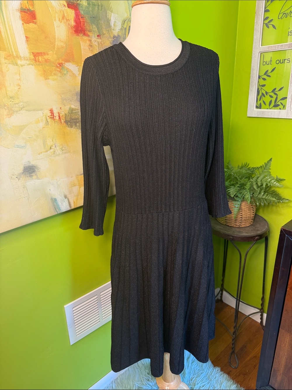 Nanette Lepore Black Ribbed Long-Sleeve Drop-Waist Dress little sparkle